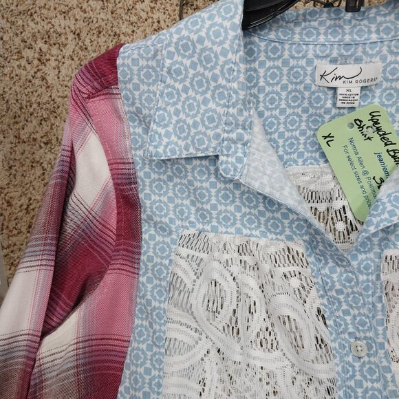 3624 Size XL Upcycled Kim Rogers Button Down Shirt in Pink and Blue With Lace. - Picture 4 of 13